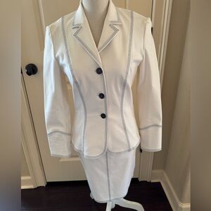 Escada White Blazer and White Skirt with blue stitching